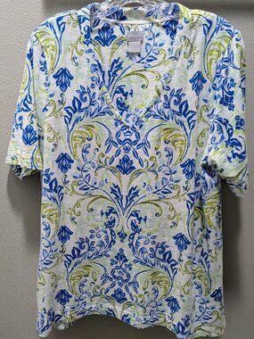Chico's Short Sleeve V-Neck Turquoise/Aqua/Olive Green Paisley Cotton Blend Sz 2